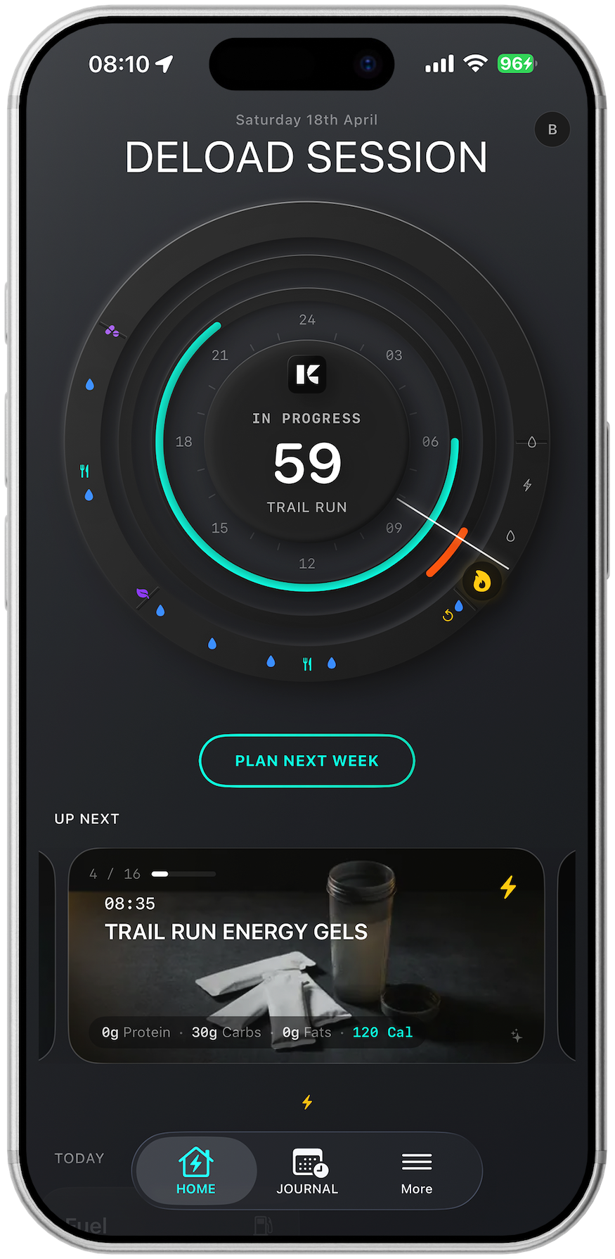 KEXBI dashboard — deload session with chrono timer and pre-lunch water protocol